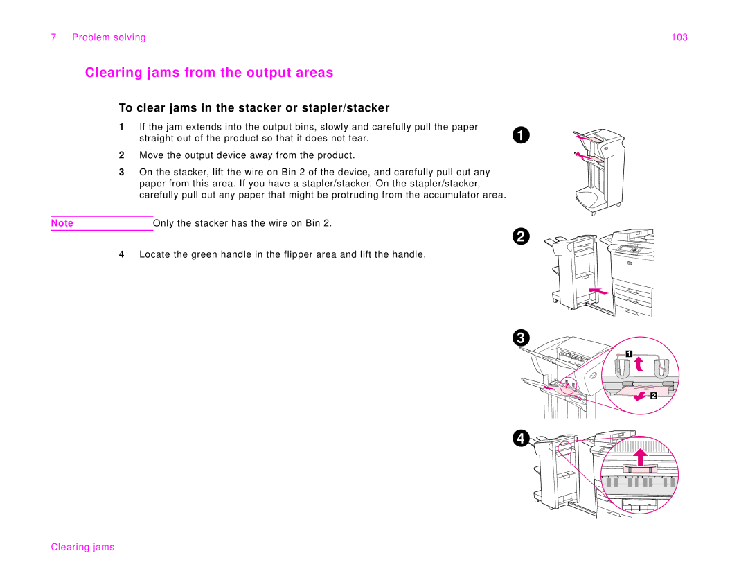 HP 9000Lmfp manual Clearing jams from the output areas, To clear jams in the stacker or stapler/stacker 