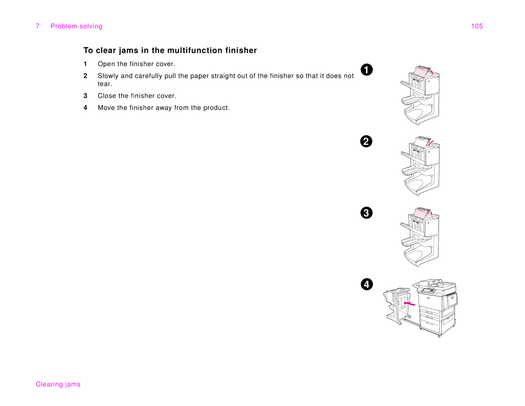 HP 9000Lmfp manual To clear jams in the multifunction finisher, Problem solving 105 