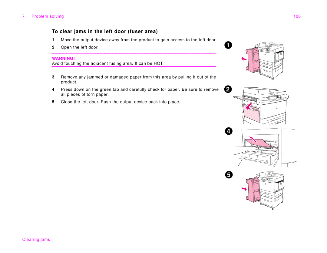 HP 9000Lmfp manual To clear jams in the left door fuser area, Problem solving 108 