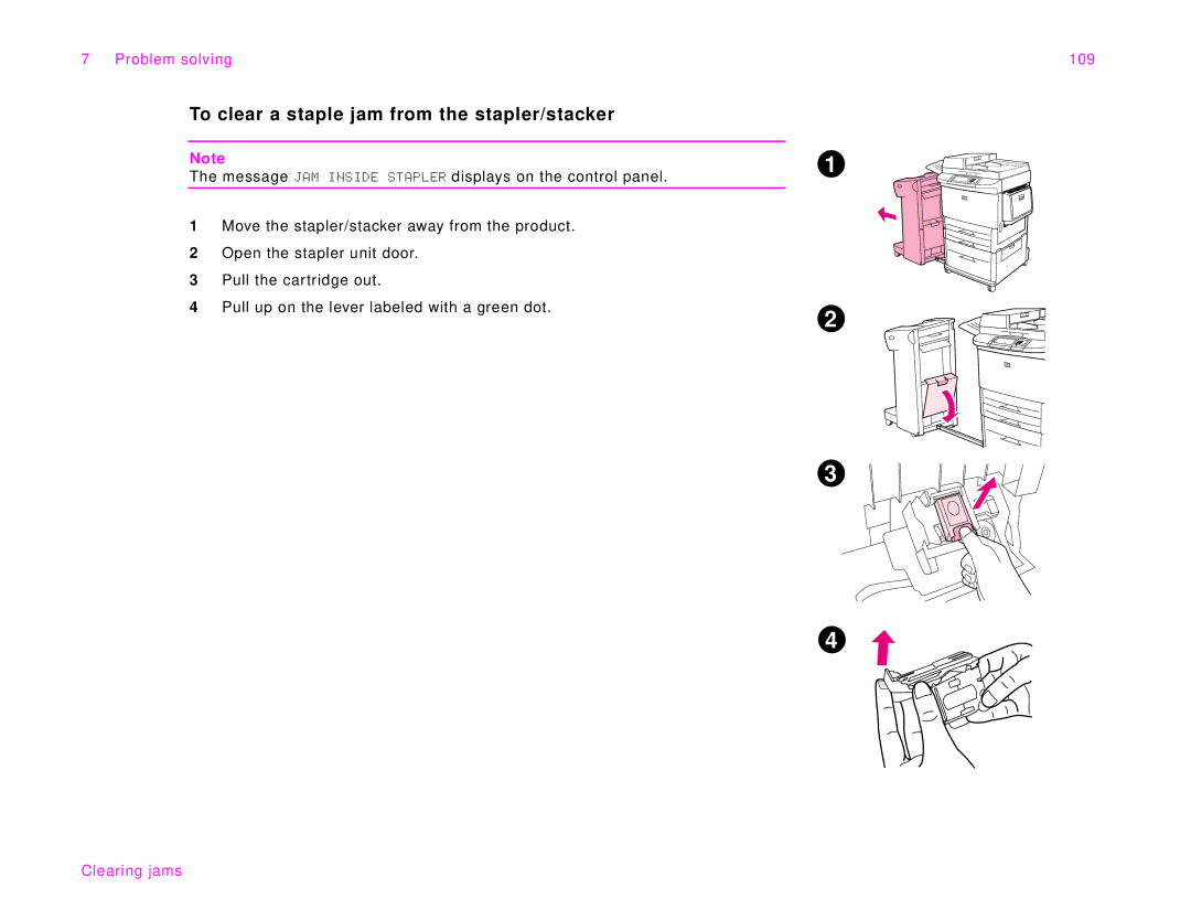 HP 9000Lmfp manual To clear a staple jam from the stapler/stacker, Clearing jams 