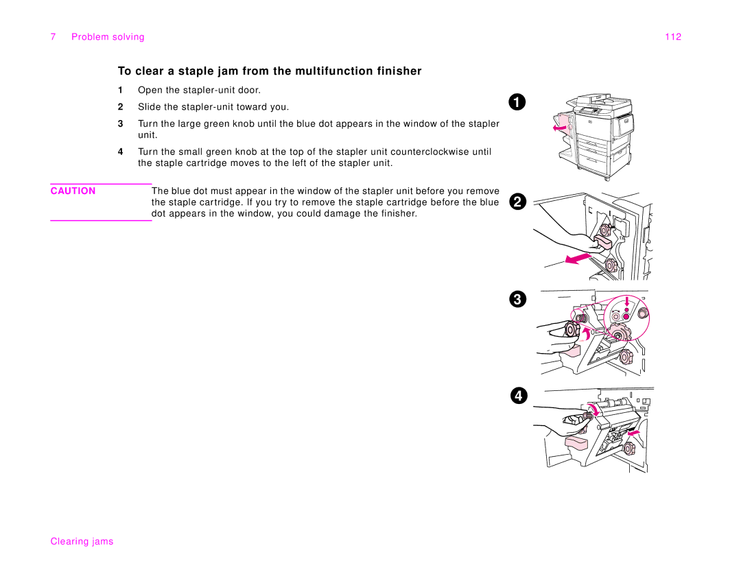 HP 9000Lmfp manual To clear a staple jam from the multifunction finisher, Problem solving 112 