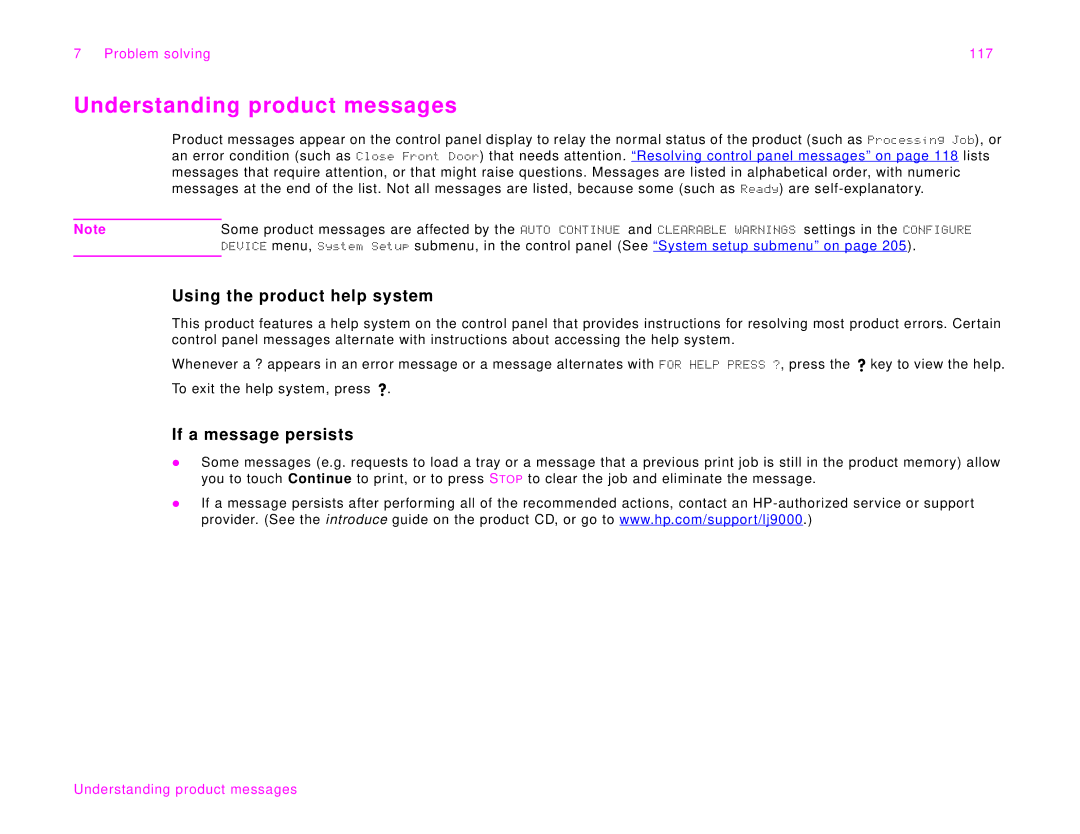 HP 9000Lmfp Understanding product messages, Using the product help system, If a message persists, Problem solving 117 