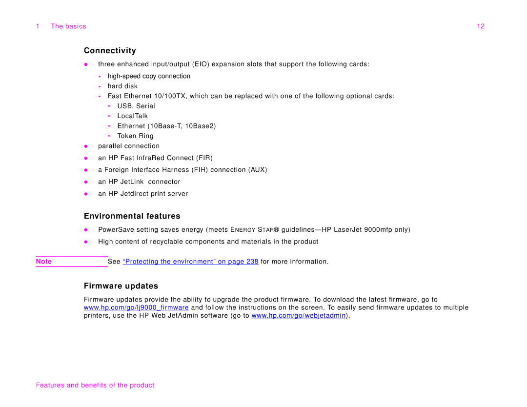 HP 9000Lmfp manual Connectivity, Environmental features, Firmware updates 