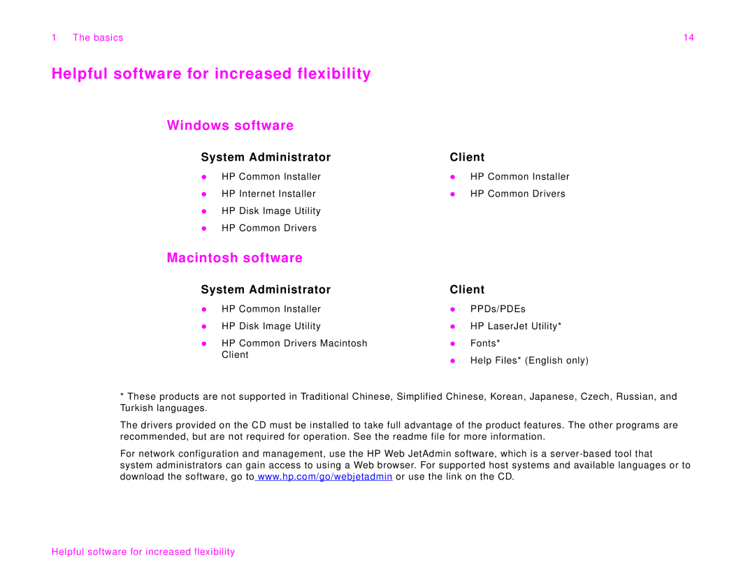 HP 9000Lmfp Helpful software for increased flexibility, Windows software, Macintosh software, System Administrator Client 