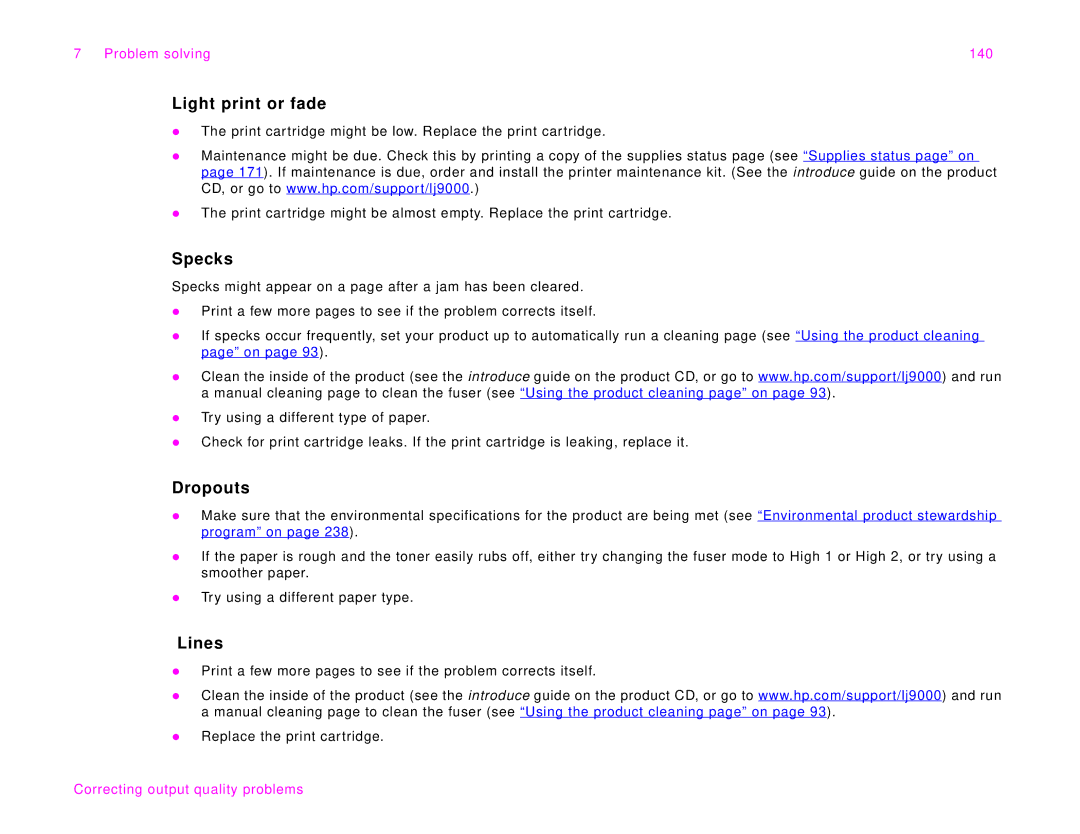 HP 9000Lmfp manual Light print or fade, Specks, Dropouts, Lines, Problem solving 140 