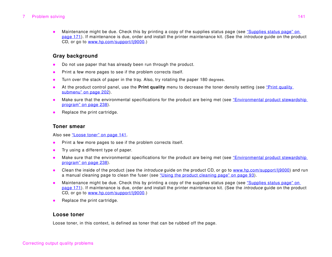 HP 9000Lmfp manual Gray background, Toner smear, Loose toner, Problem solving 141 