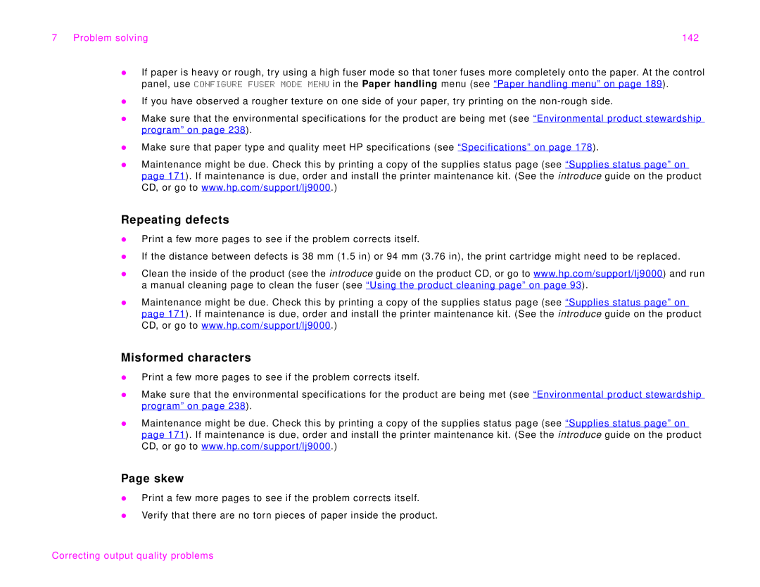 HP 9000Lmfp manual Repeating defects, Misformed characters, Skew, Problem solving 142 