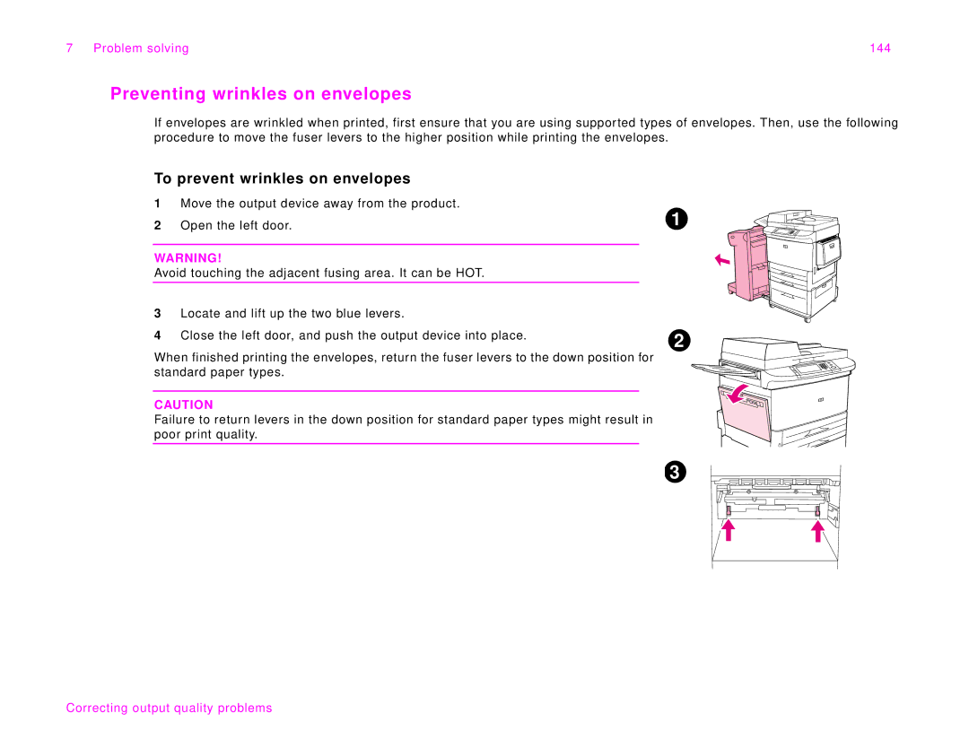 HP 9000Lmfp manual Preventing wrinkles on envelopes, To prevent wrinkles on envelopes, Problem solving 144 