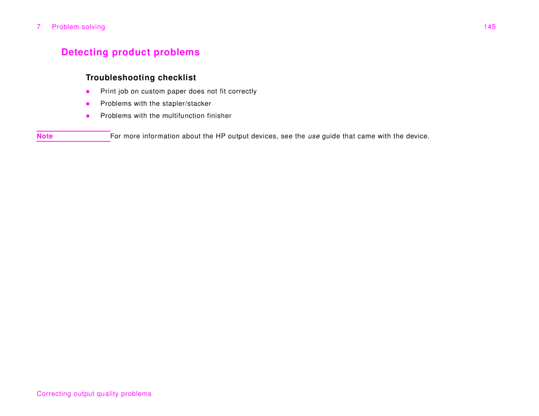 HP 9000Lmfp manual Detecting product problems, Troubleshooting checklist, Problem solving 145 