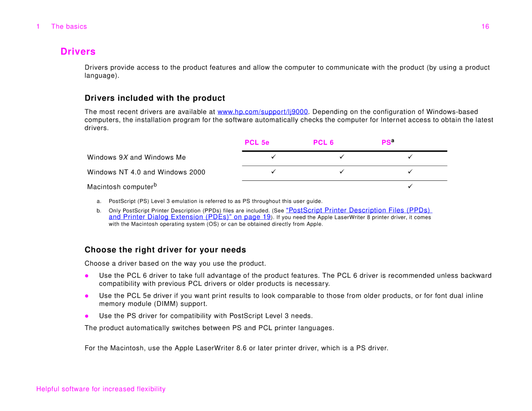 HP 9000Lmfp manual Drivers included with the product, Choose the right driver for your needs, PCL 5e, PS a 