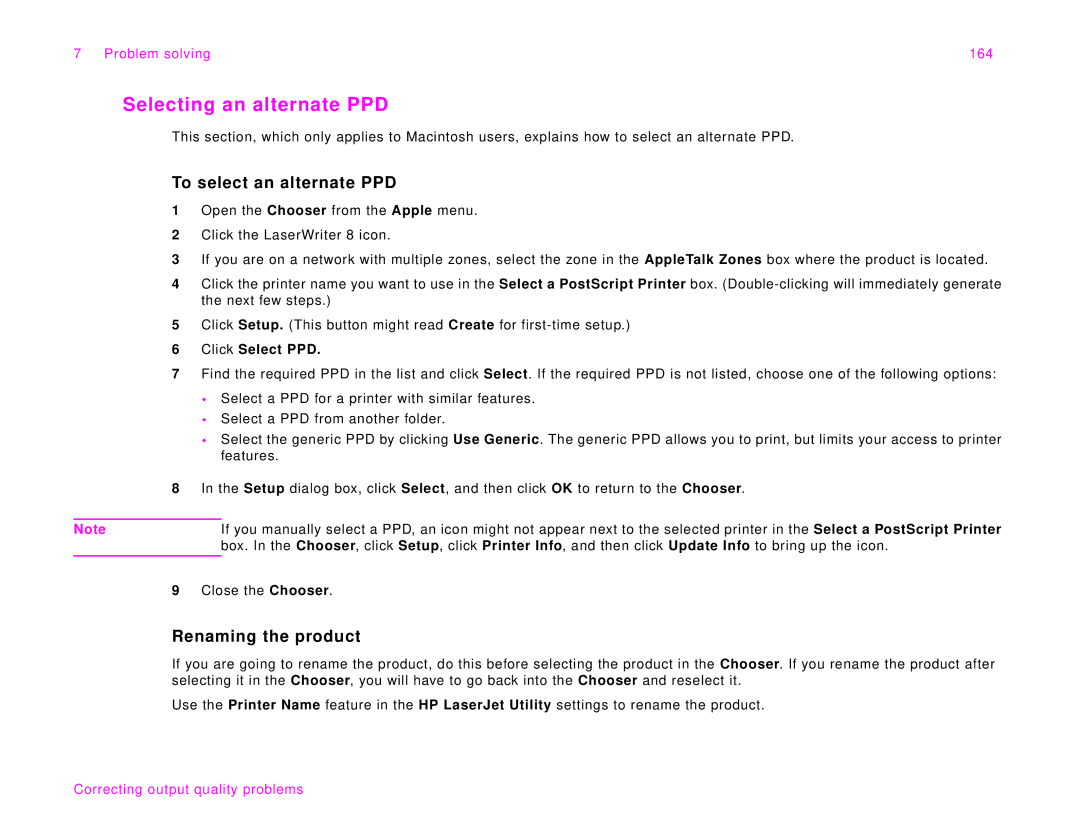 HP 9000Lmfp manual Selecting an alternate PPD, To select an alternate PPD, Renaming the product, Problem solving 164 