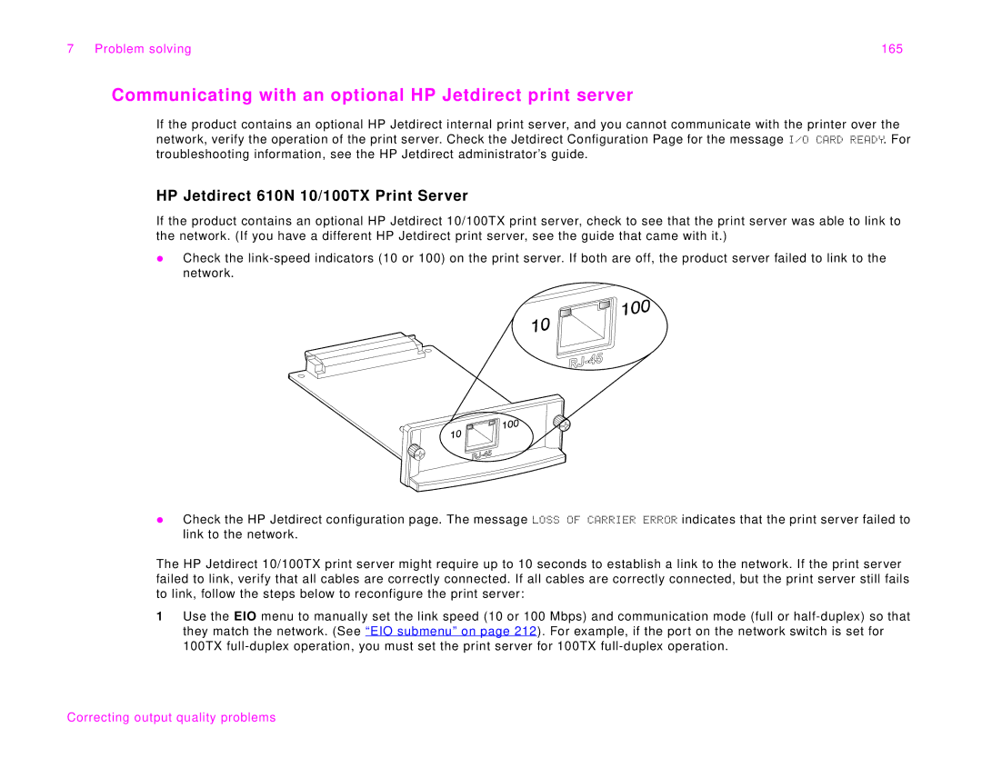 HP 9000Lmfp manual Communicating with an optional HP Jetdirect print server, HP Jetdirect 610N 10/100TX Print Server 