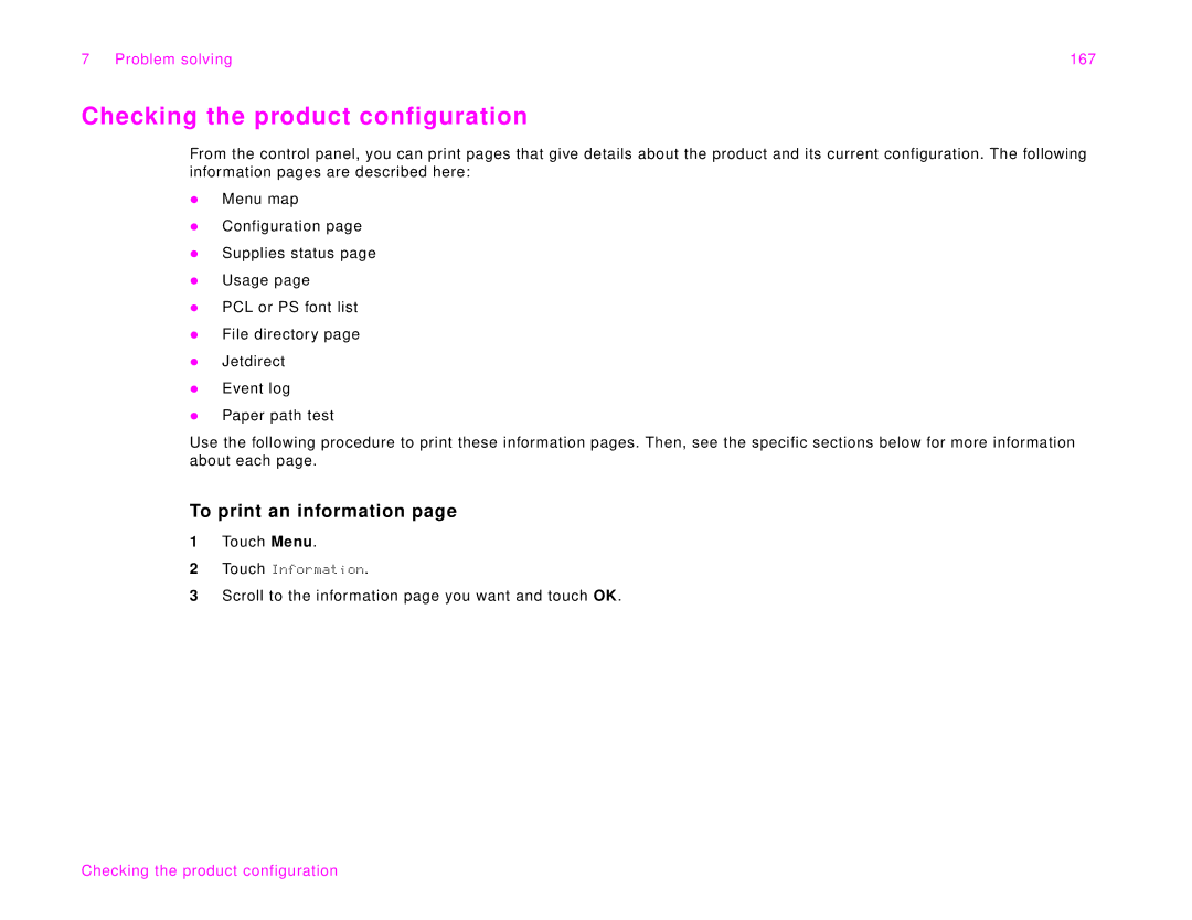 HP 9000Lmfp manual Checking the product configuration, To print an information, Problem solving 167 