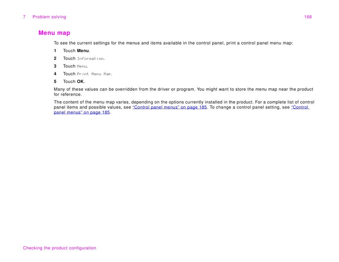 HP 9000Lmfp manual Menu map, Problem solving 168 