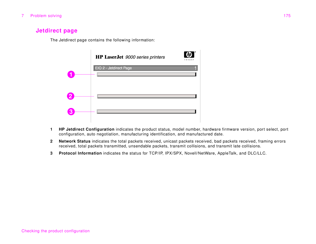 HP 9000Lmfp manual Jetdirect, Problem solving 175 