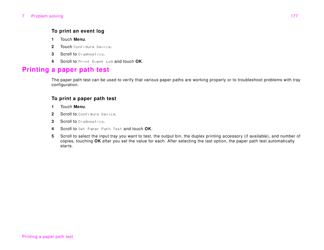 HP 9000Lmfp manual Printing a paper path test, To print an event log, To print a paper path test, Problem solving 177 