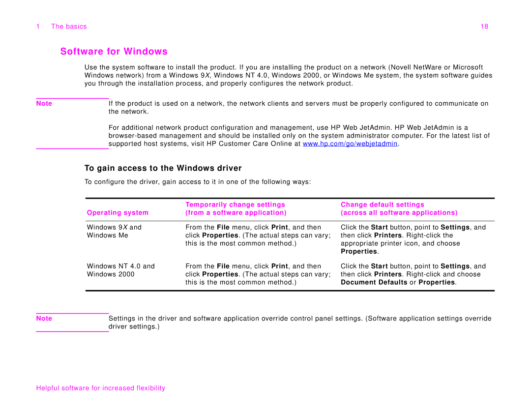 HP 9000Lmfp manual Software for Windows, To gain access to the Windows driver, Document Defaults or Properties 