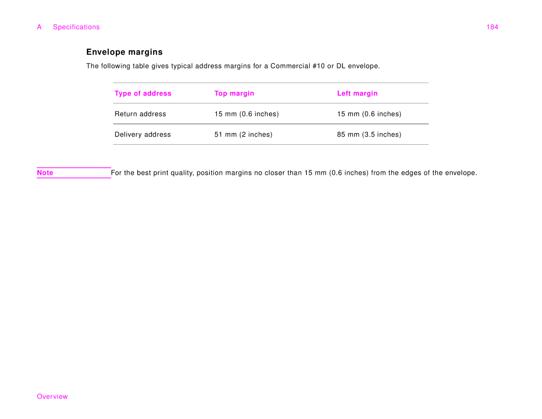 HP 9000Lmfp manual Envelope margins, Specifications 184, Type of address Top margin Left margin 