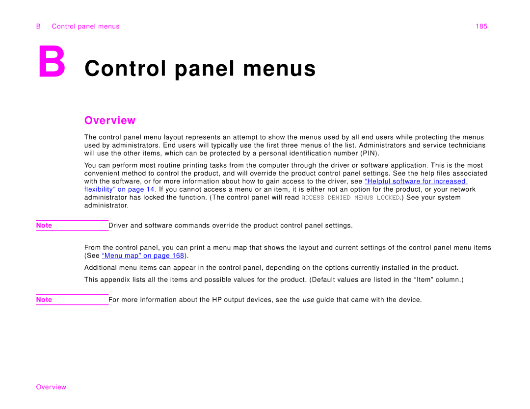 HP 9000Lmfp manual Control panel menus 185 