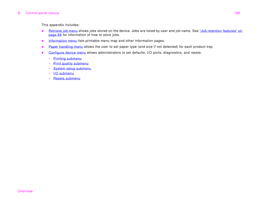 HP 9000Lmfp manual Control panel menus 186 