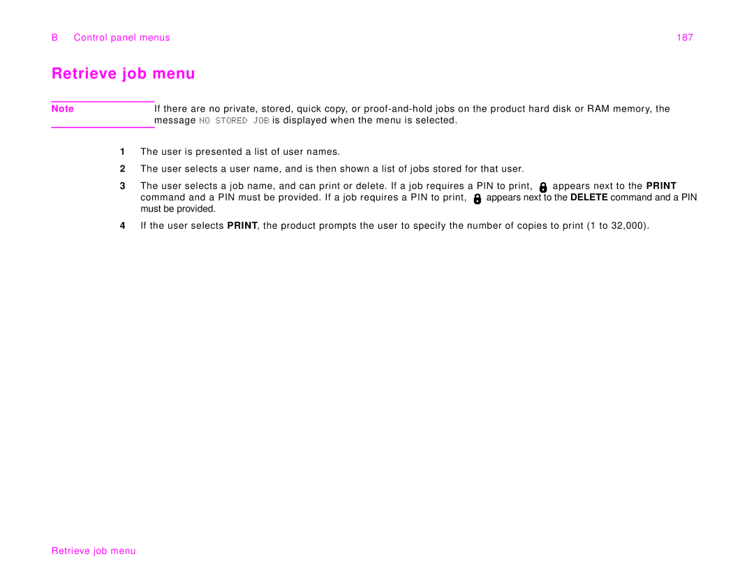 HP 9000Lmfp manual Retrieve job menu, Control panel menus 187 