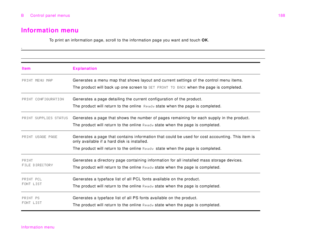 HP 9000Lmfp manual Information menu, Control panel menus 188, Explanation 