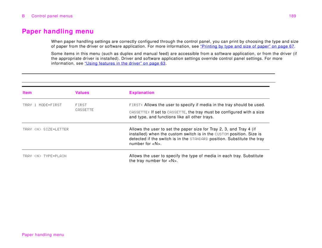 HP 9000Lmfp manual Paper handling menu, Control panel menus 189, Values Explanation 