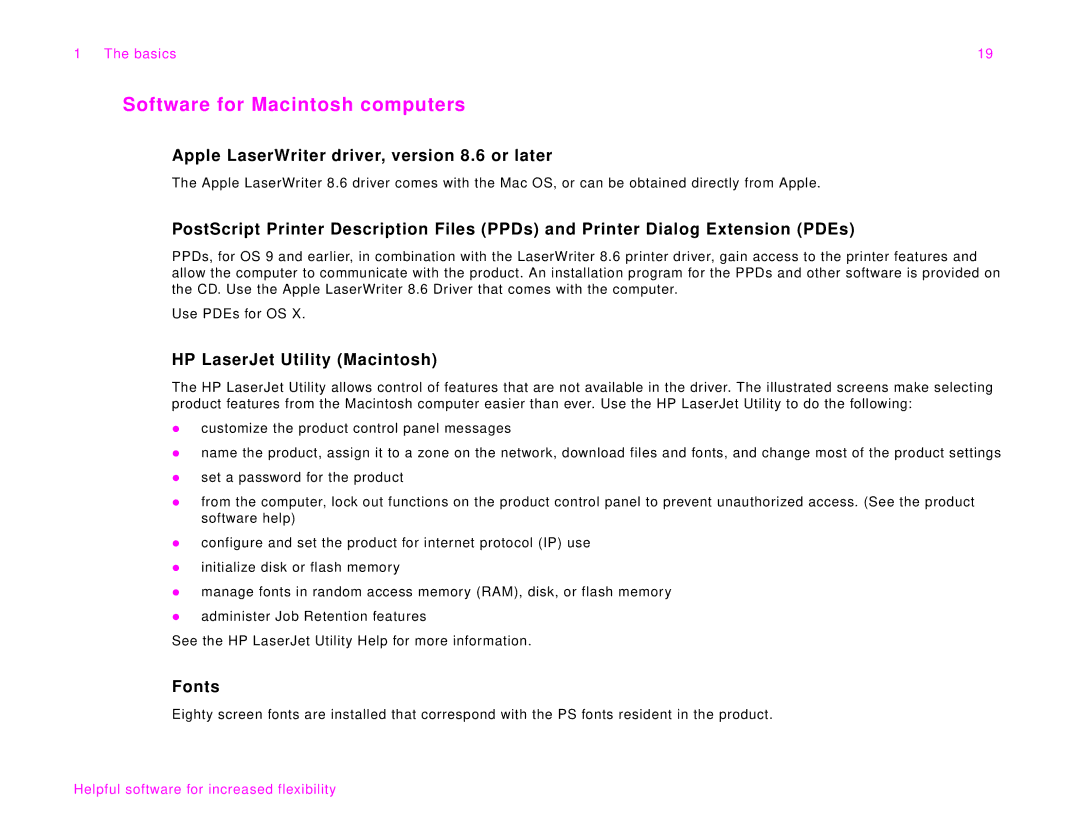 HP 9000Lmfp manual Software for Macintosh computers, Apple LaserWriter driver, version 8.6 or later, Fonts 