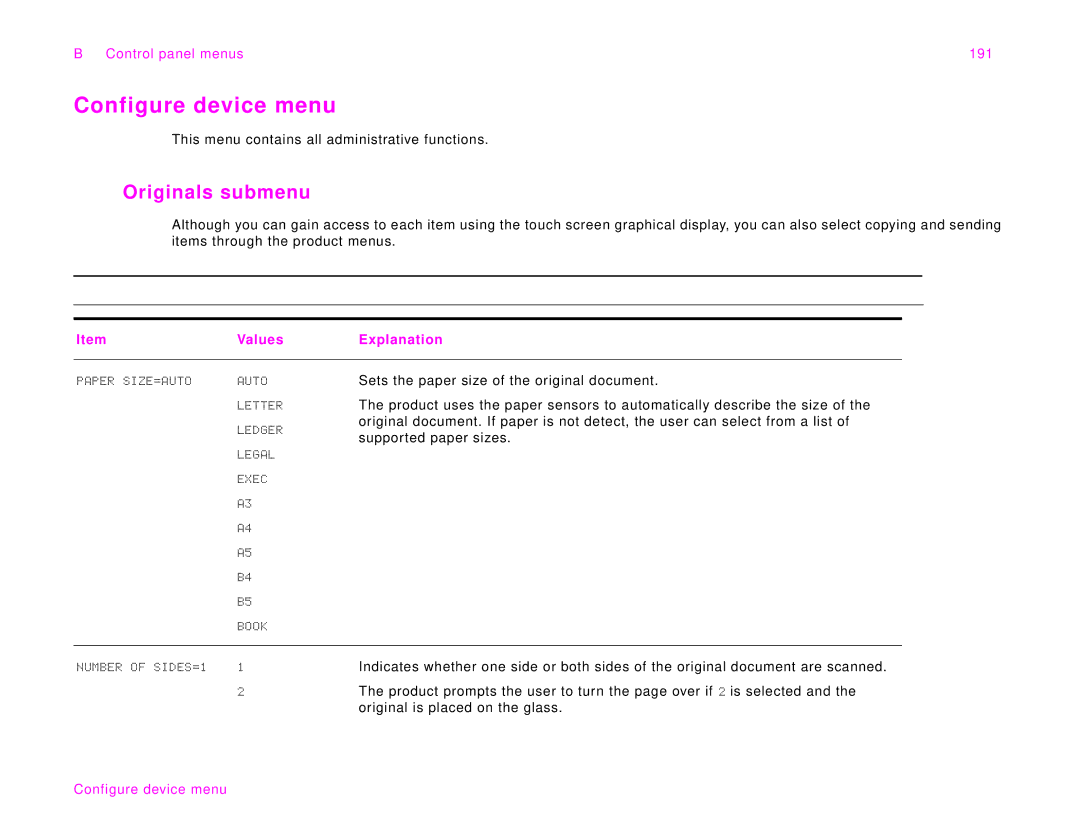 HP 9000Lmfp manual Configure device menu, Originals submenu, Control panel menus 191 