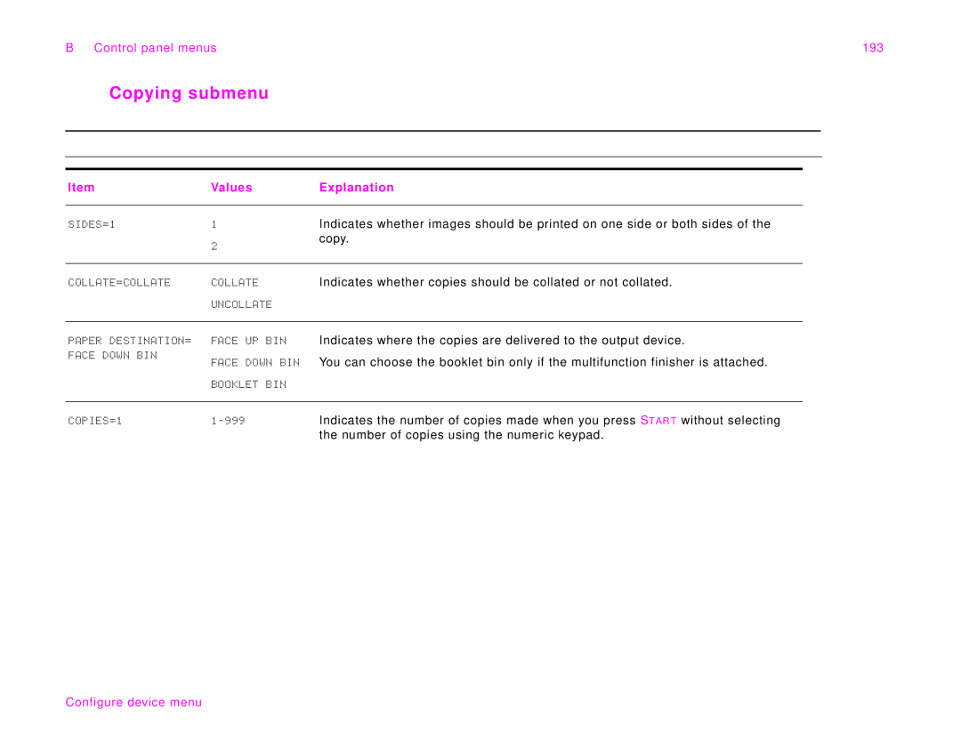 HP 9000Lmfp manual Copying submenu, Control panel menus 193 