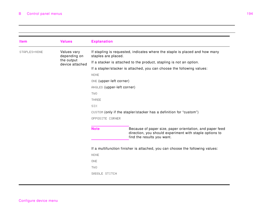 HP 9000Lmfp manual Control panel menus 194 