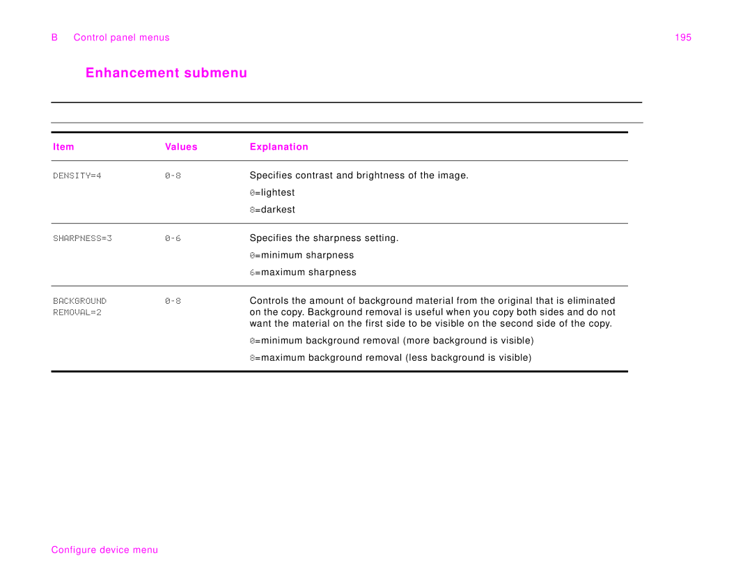 HP 9000Lmfp manual Enhancement submenu, Control panel menus 195 