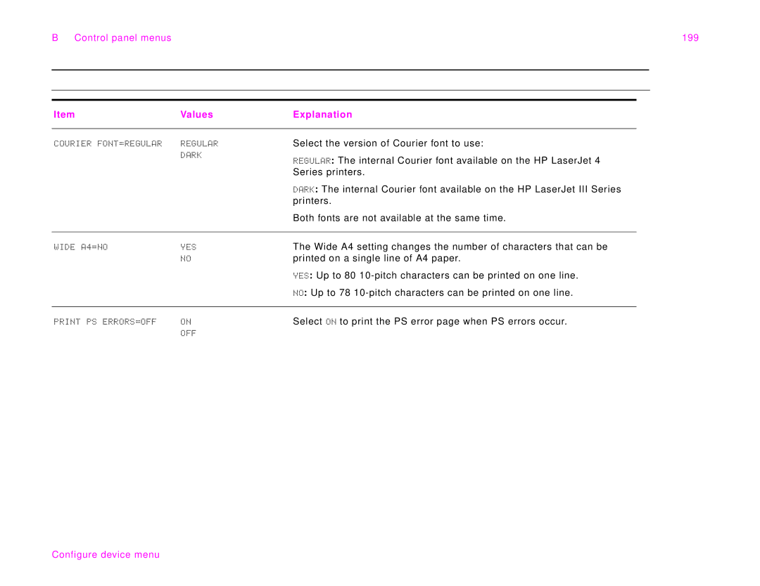 HP 9000Lmfp manual Control panel menus 199 