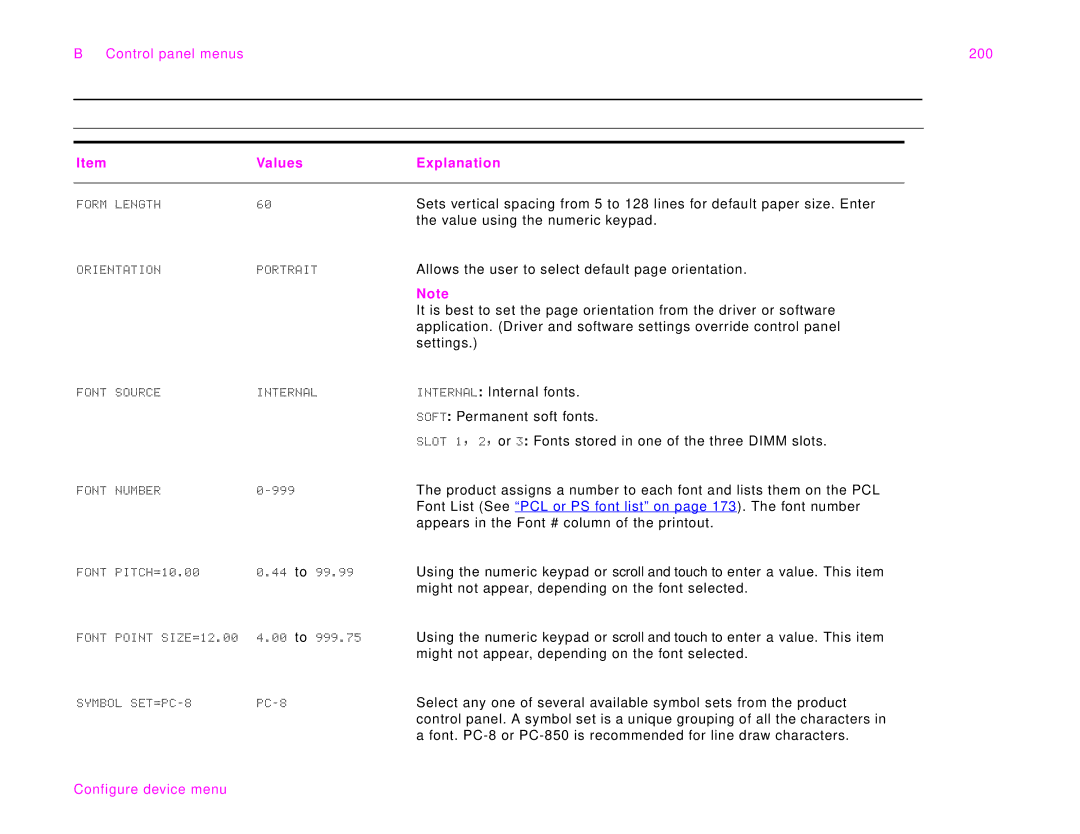 HP 9000Lmfp manual Control panel menus 200 