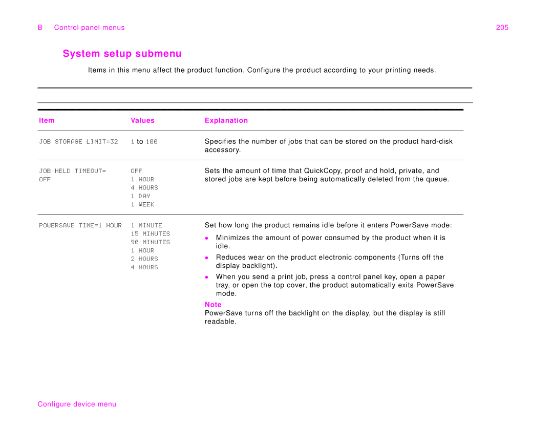 HP 9000Lmfp manual System setup submenu, Control panel menus 205 