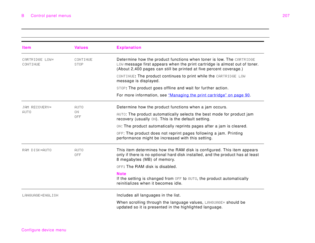 HP 9000Lmfp manual Control panel menus 207, For more information, see Managing the print cartridge on 