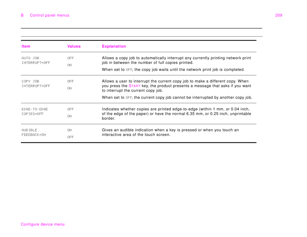 HP 9000Lmfp manual Control panel menus 209 