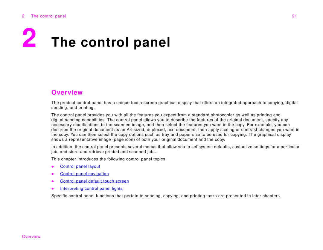 HP 9000Lmfp manual Overview, Control panel 