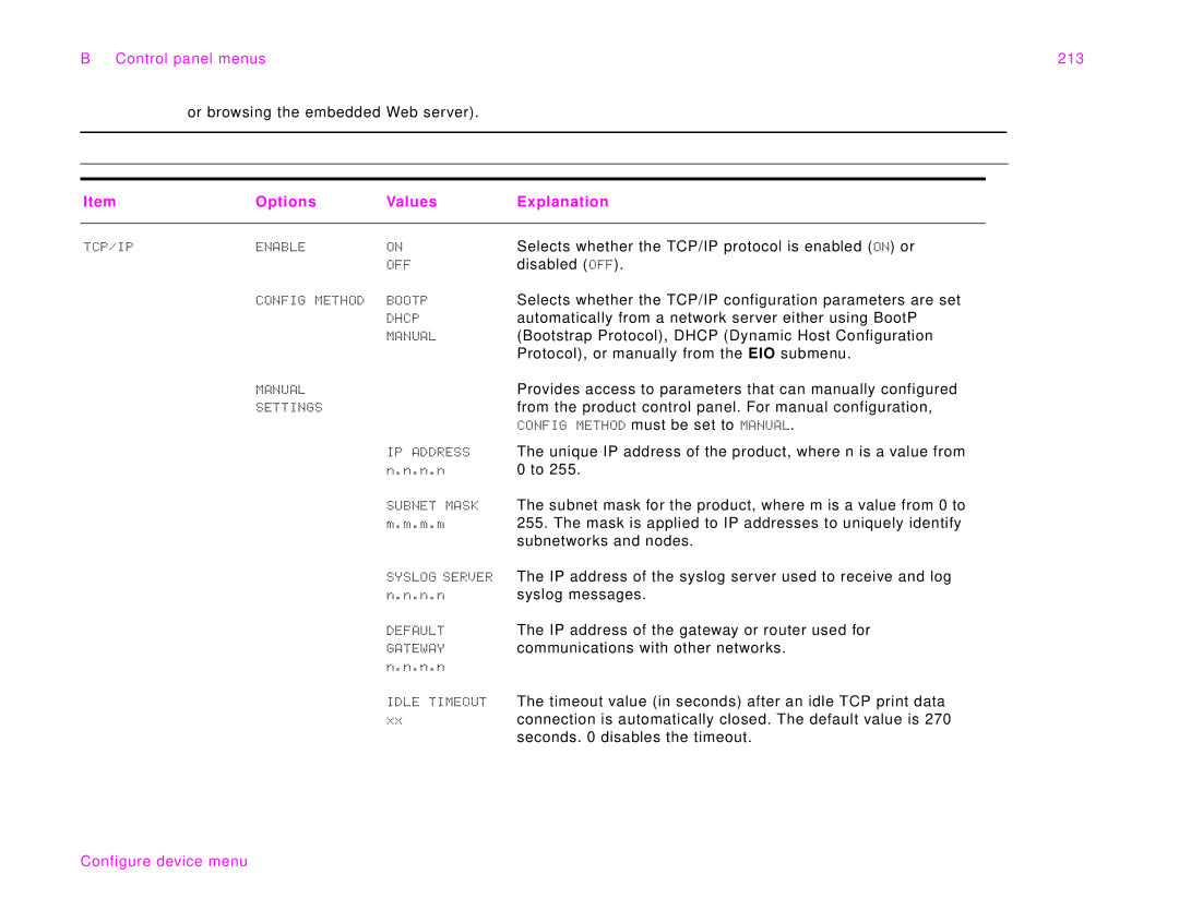 HP 9000Lmfp manual Control panel menus 213 Or browsing the embedded Web server, Options Values Explanation 