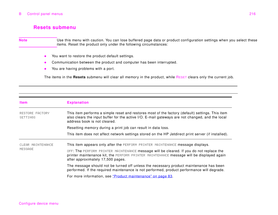 HP 9000Lmfp manual Resets submenu, Control panel menus 216 