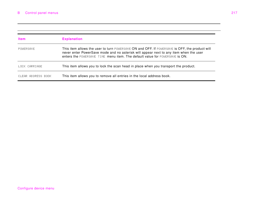 HP 9000Lmfp manual Control panel menus 217 