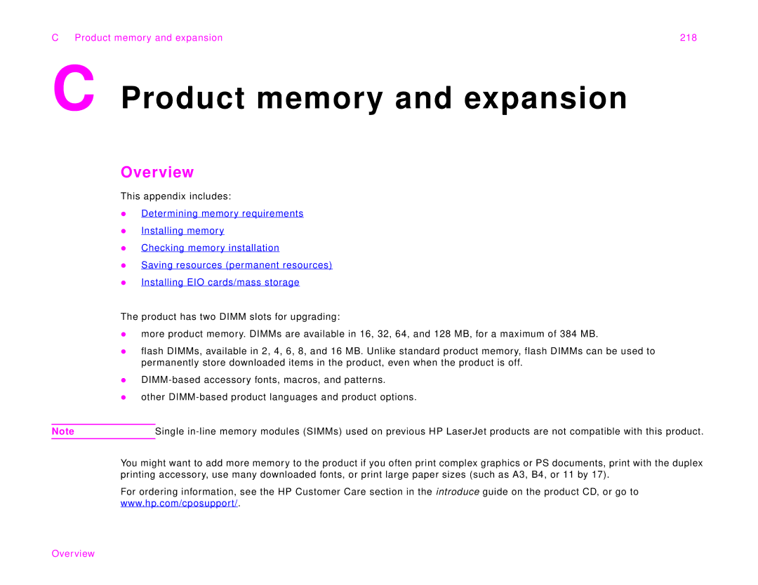 HP 9000Lmfp manual Product memory and expansion 218 