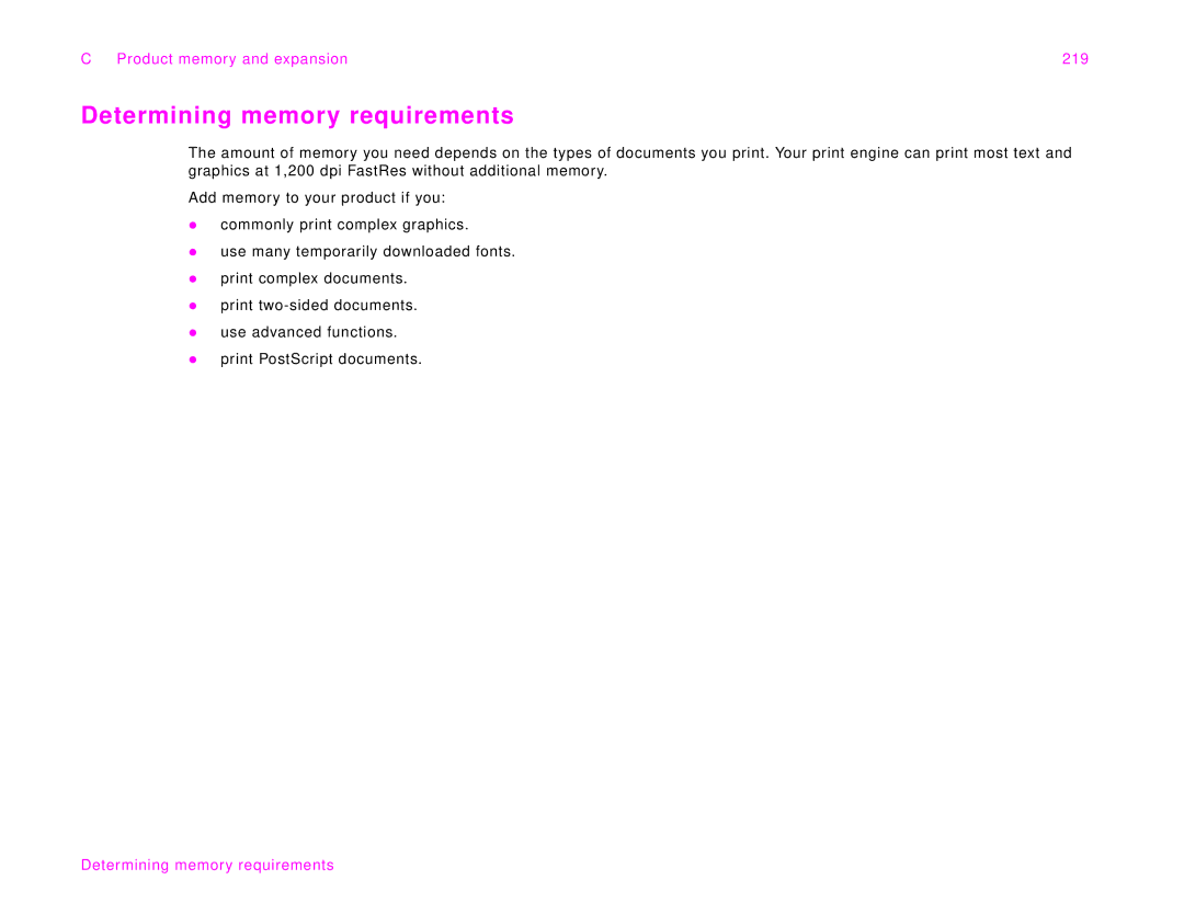 HP 9000Lmfp manual Determining memory requirements, Product memory and expansion 219 