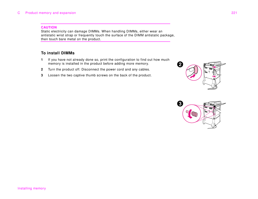 HP 9000Lmfp manual To install DIMMs, Product memory and expansion 221 