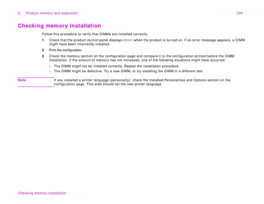 HP 9000Lmfp manual Checking memory installation, Product memory and expansion 224 