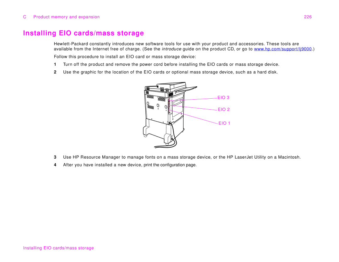 HP 9000Lmfp manual Installing EIO cards/mass storage, Product memory and expansion 226, Eio 