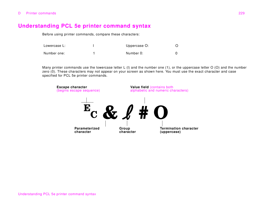 HP 9000Lmfp manual Understanding PCL 5e printer command syntax, Escape character 