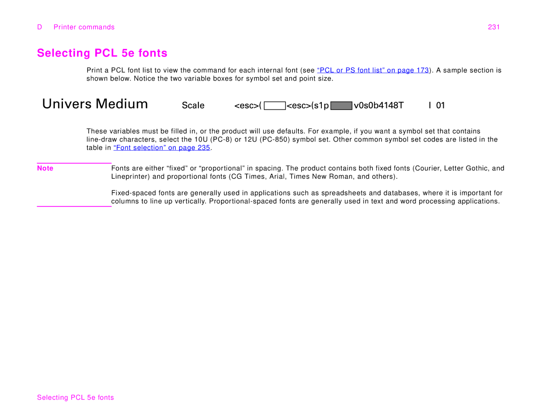 HP 9000Lmfp manual Selecting PCL 5e fonts, Printer commands 231 