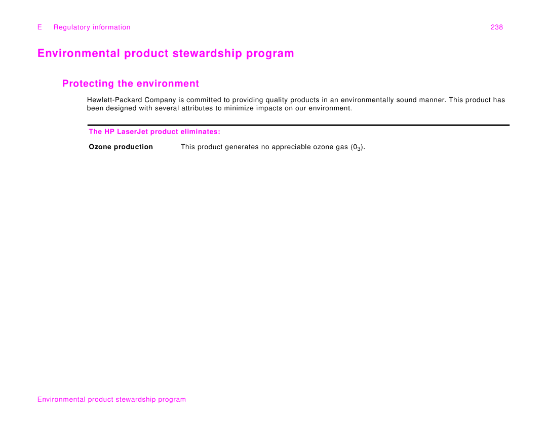 HP 9000Lmfp manual Environmental product stewardship program, Protecting the environment, Regulatory information 238 