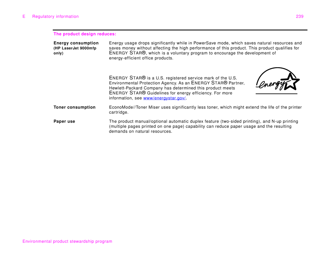 HP 9000Lmfp manual Regulatory information 239, Product design reduces, Toner consumption, Paper use 